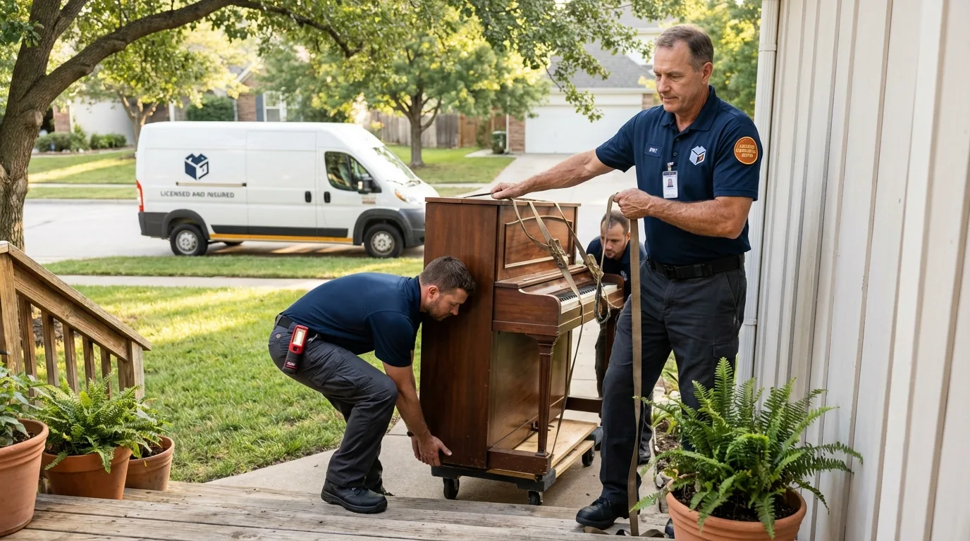 Licensed piano movers securing grand piano in Unadilla, NY