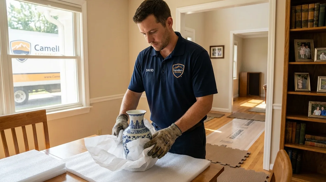 Professional crew carefully wrapping antique vase for senior downsizing move in Unadilla, NY